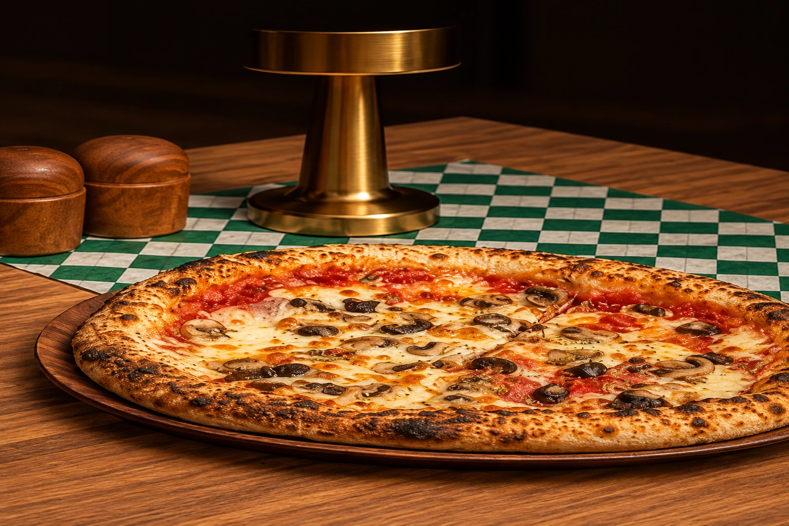 Mediterranean pizza on a checked tablecloth